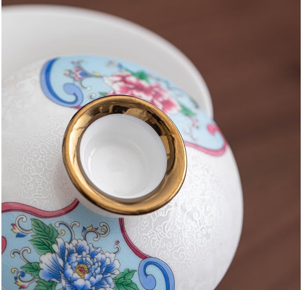 Sancai Gaiwan Teacup, Enamel Floral Porcelain Tea Bowl with Lid and Saucer