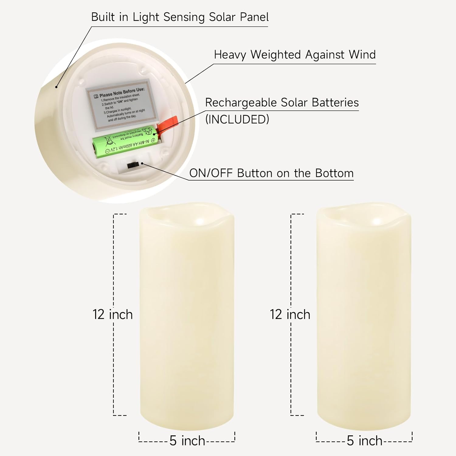 NURADA Large Outdoor Solar Candles Waterproof - 12" x 5" Rechargeable Solar Powered Flameless LED Pillar Flickering Candle for Patio Porch Lanterns Decor - Ivory Set of 2