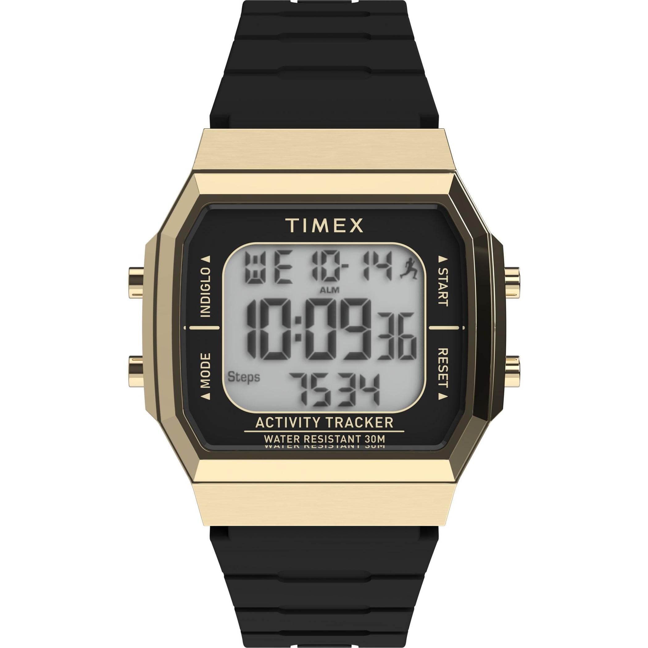 Timex Montre mixte Activity Tracker Sport 40 mm - Bracelet en silicone noir, cadran digital, boitier doré TW5M60900