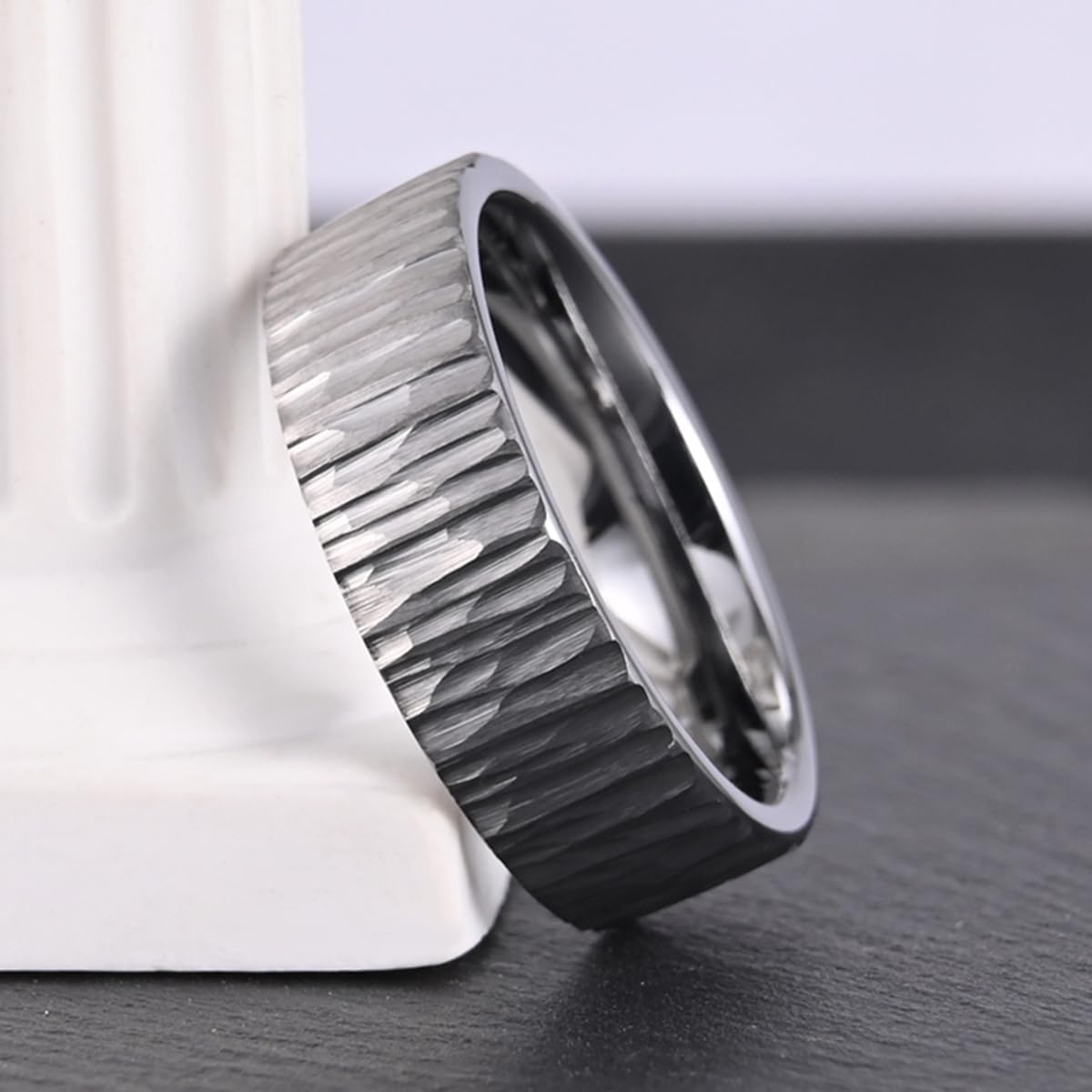 Tungsten Carbide Ring for Men Women 8mm Silvery Hammered Bark Textured Classic Men's Wedding Bands Polished Comfortable Fit Suitable for Party Anniversary - Image 5