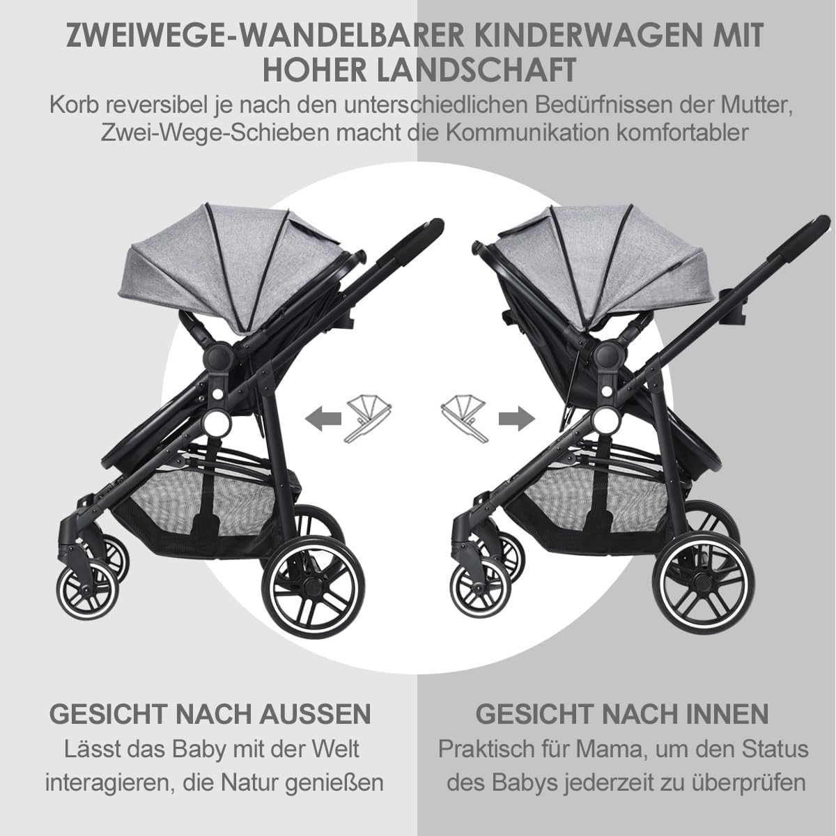 COSTWAY 2 in 1 Kinderwagen mit umkehrbarem Sitz faltbar, Kombikinderwagen mit Liegefunktion, verstellbarer Rückenlehne & Sonnenschutz, Reisebuggy tragbar, Reisesystem für Baby bis 3 Jahren (Grau)