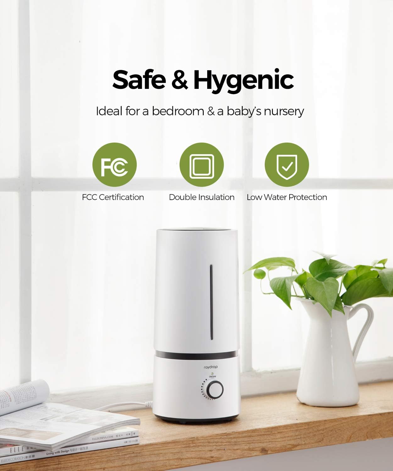 raydrop Cool Mist Humidifiers for Babies , 1.70 L Quiet and Small Ultrasonic Humidifier for Bedroom Nightstand, Space-Saving, Auto Shut Off-(0.45 Gallon, US 110 V) : Home & Kitchen