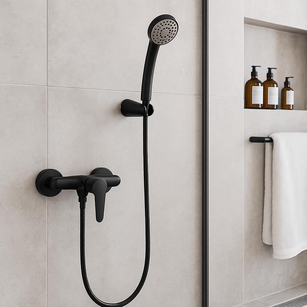 Grifo Monomando de Ducha – Cuerpo de Latón con Acabado en Negro Mate, Incluye Mango de Ducha, Flexo y Soporte de Ducha (Negro)