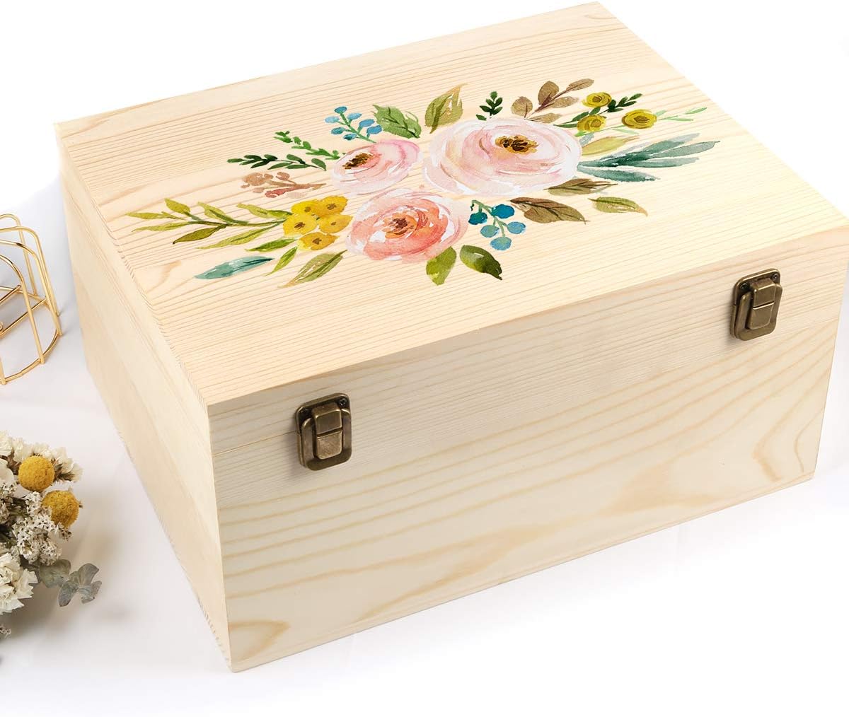 Woiworco Extral Large Wooden Box, 13 x 10 x 6.5 inch Natural Unfinished Pine Wood Boxes with Hinged Lid and Front Clasp for DIY Craft Art, Hobbies, Jewelry Box and Home Storage