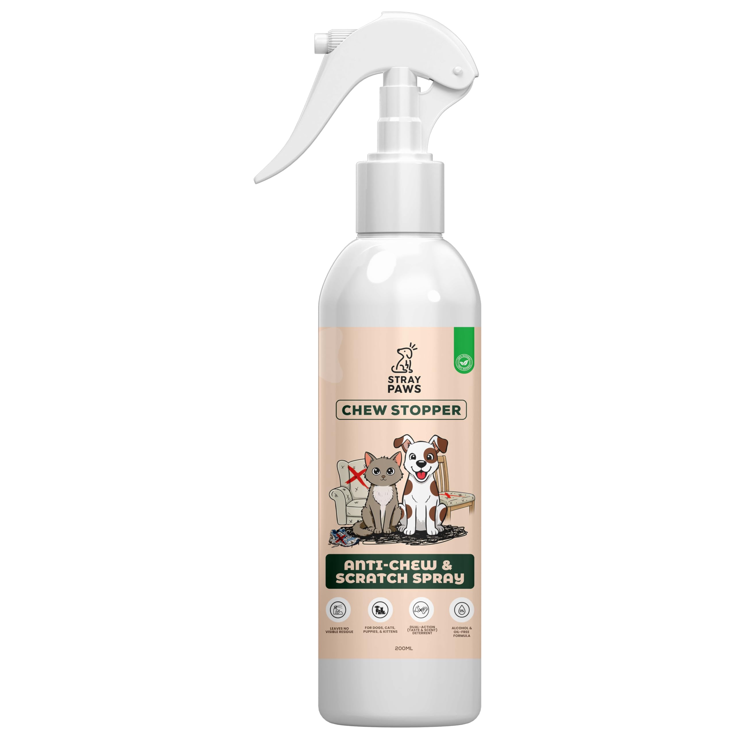 Stray Paws Chew Stopper Anti-Chew & Scratch Spray for Dogs and Cats | Professional Strength Bitter Deterrent & Scent Repellent | Pet-Safe Furniture | Alcohol-Free, Non-Staining | 200ml