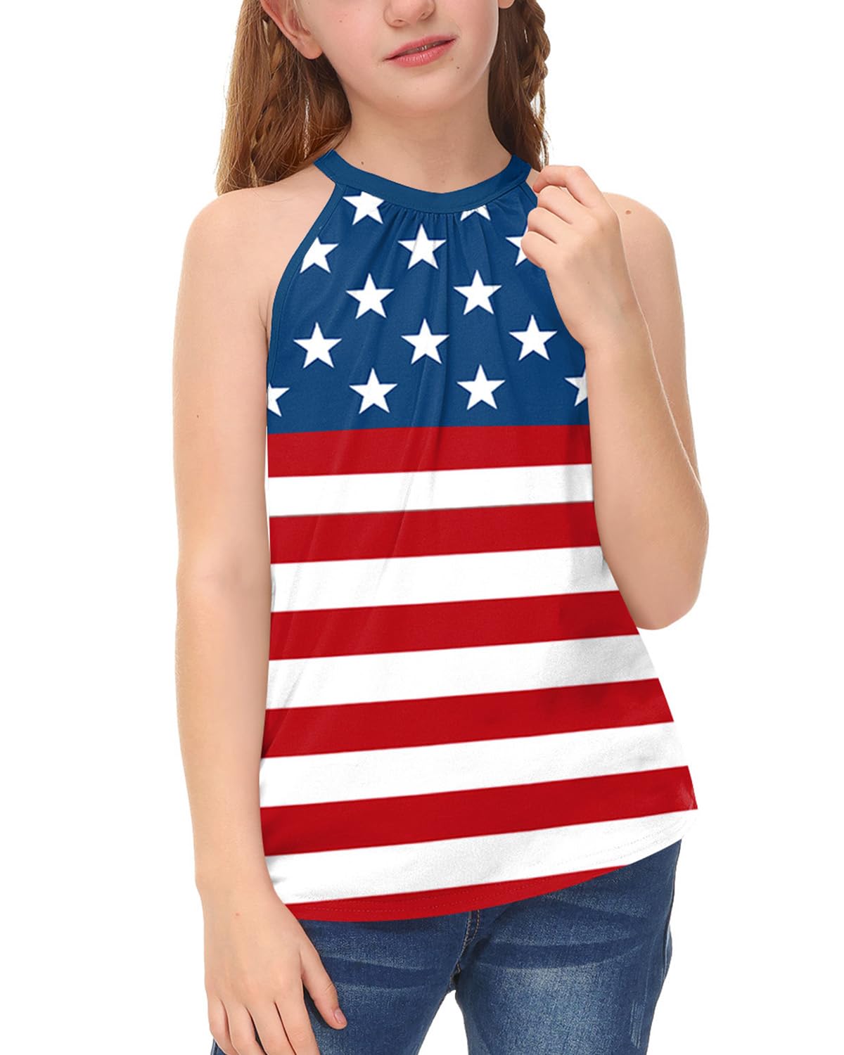 BesserBay Girls Summer Back Button Halter Neck Tank Top Cold Shoulder Casual Blouse Pleated Sleeveless Shirts 5-14 Years
