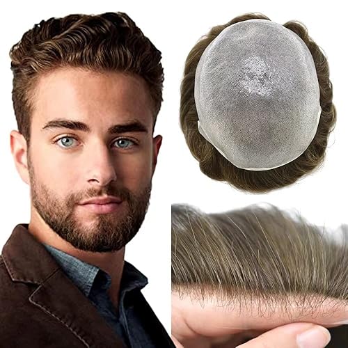 Toupee - Pieza de cabello humano real europeo para hombre, con bucle en V, 0.002in, sistema de reemplazo de cabello de piel fina, línea de cabello