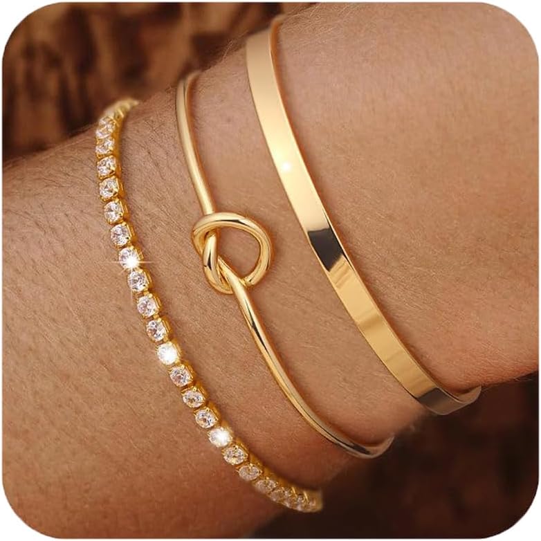 Stackable Bracelets for Women – Gold Bangles, Knot Cuff and Tennis Bracelet Set, 14K Real Gold Plated Brass, Non Tarnish Dainty Jewelry