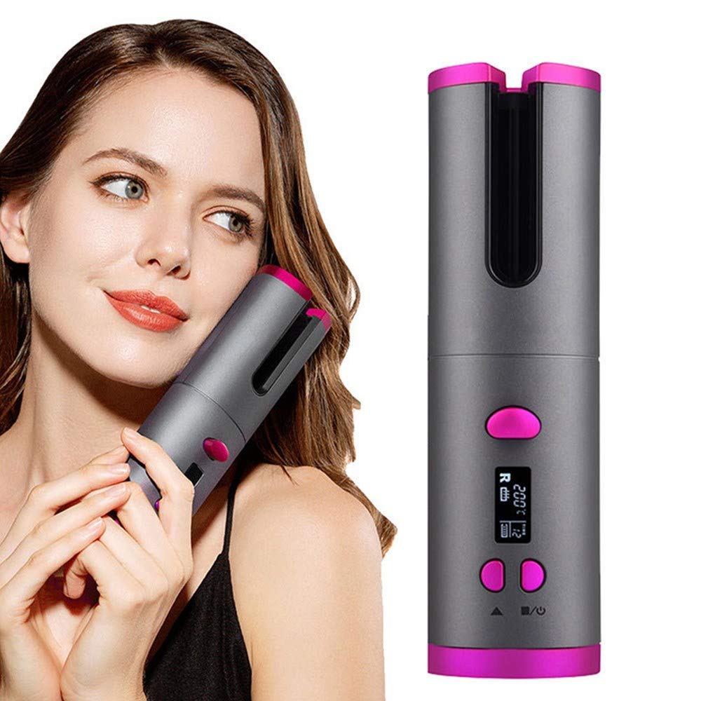 Boucleur à cheveux automatique sans fil portable gris avec écran LCD et minuterie réglable