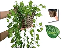 Arranjo C/ 3 Trepadeira + Vaso Trançado Marrom | Arranjo Trepadeira Artificial para Decorações | Plantas para Decoração de Casa, Sala De Estar, Casamento & Escritorio (Folhas de Jiboia)
