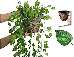 Arranjo C/ 3 Trepadeira + Vaso Trançado Marrom | Arranjo Trepadeira Artificial para Decorações | Plantas para Decoração de Casa, Sala De Estar, Casamento & Escritorio (Folhas de Jiboia)