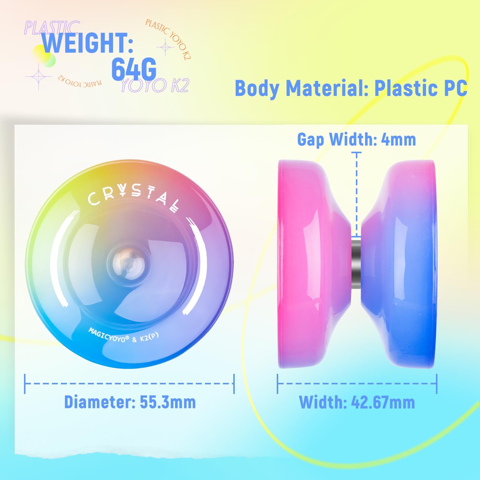 MAGICYOYO Yoyo K2 Pack of 3, Professional Responsive Yo-yo for Kids Beginner, Dual Purpose Plastic Yo Yo for Adults with Unresponsive Bearing+18 Strings+Bearing Removal+Bags(Crystal Gradient)