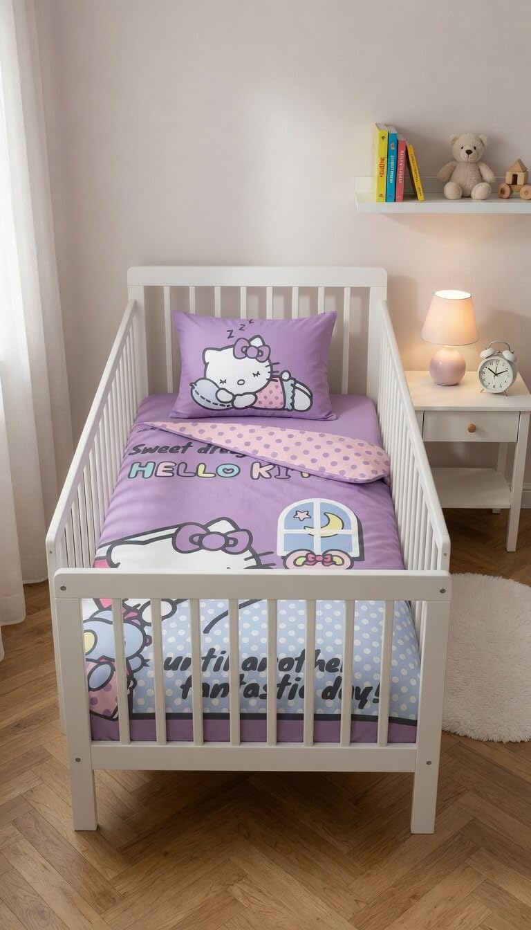 Hello Kitty Copripiumino Neonato 100x135 + Federa 40x60 Cotone Viola Rosa | Lettino reversibile | Cotone naturale morbido traspirante Oeko-Tex | Sanrio | Bambine 0-3 anni | Lettino sbarre | Idea regalo