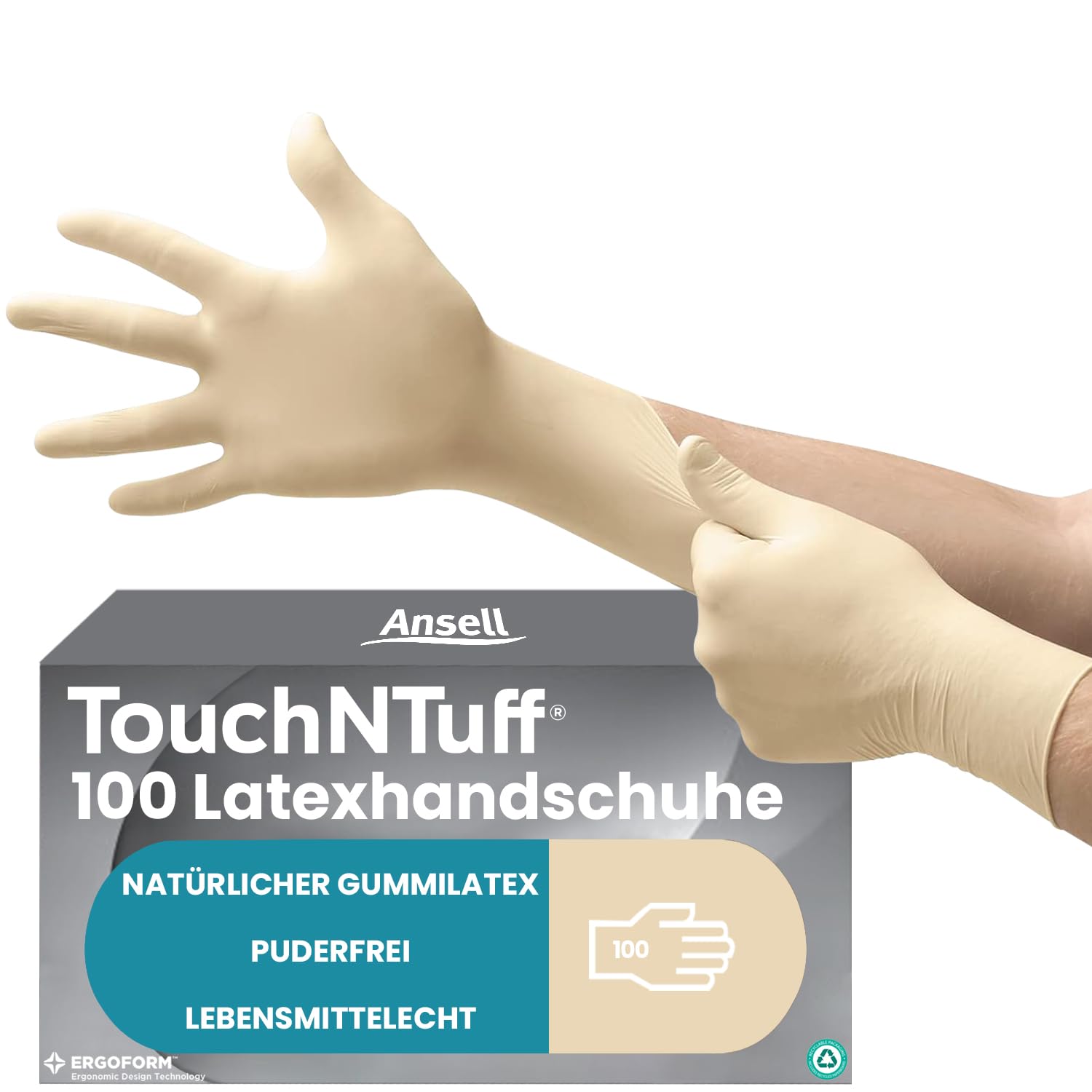Ansell TouchNTuff 69-318 Latex Einweghandschuhe Puderfrei, Professionelle Schutzhandschuhe mit Texturierte Fingerspitzen, Lebensmittel Einmalhandschuhe, Weiß, Größe XL (100 Handschuhe)