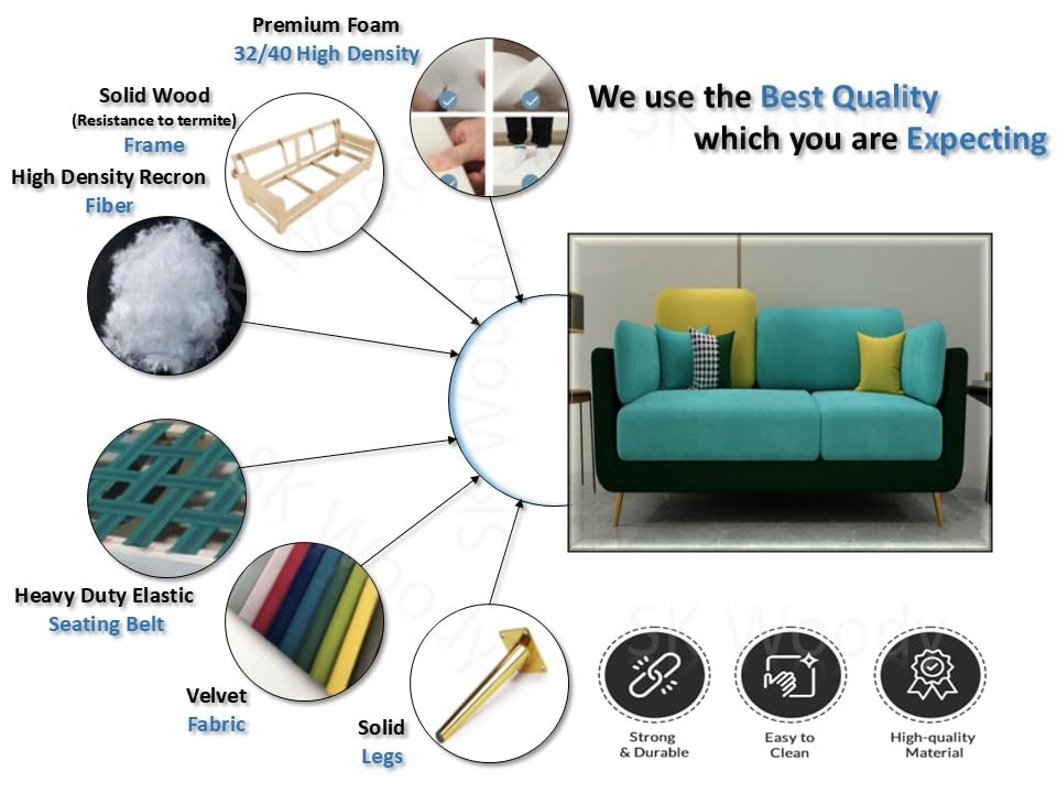 Image of Black Wood Modern Montez Luxurious Velvet 3 Seater Sofa for Bedroom, Living Room, Dining Room, Drawing Room, Home Office in Bug Resistant Wood (Turquoise & Green, 3 Seater)