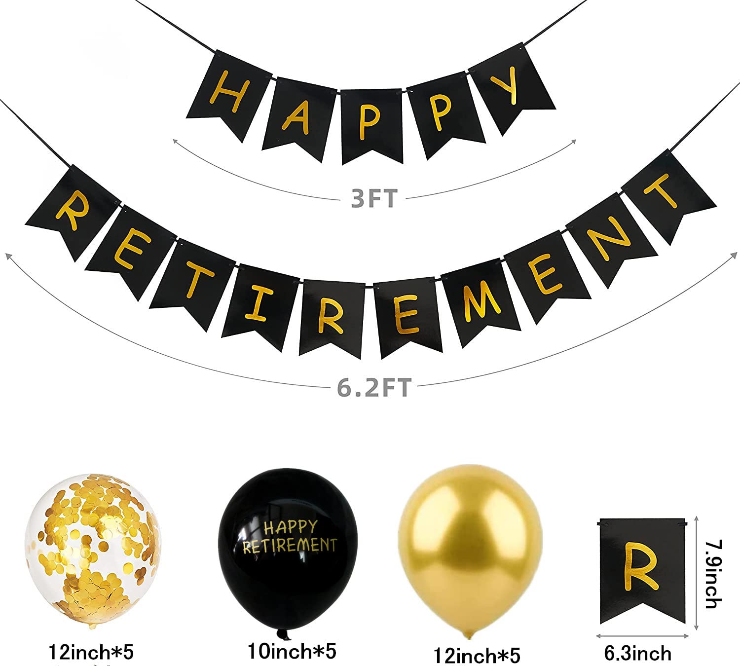 Black Gold Happy Retirement Banner - Gold Confetti & Latex Balloons for Office Farewell Party Supplies, Black, Gold - Image 2