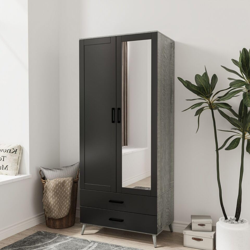 URBNLIVING 2 Door Mirror Wardrobe with 2 Drawers, 180cm