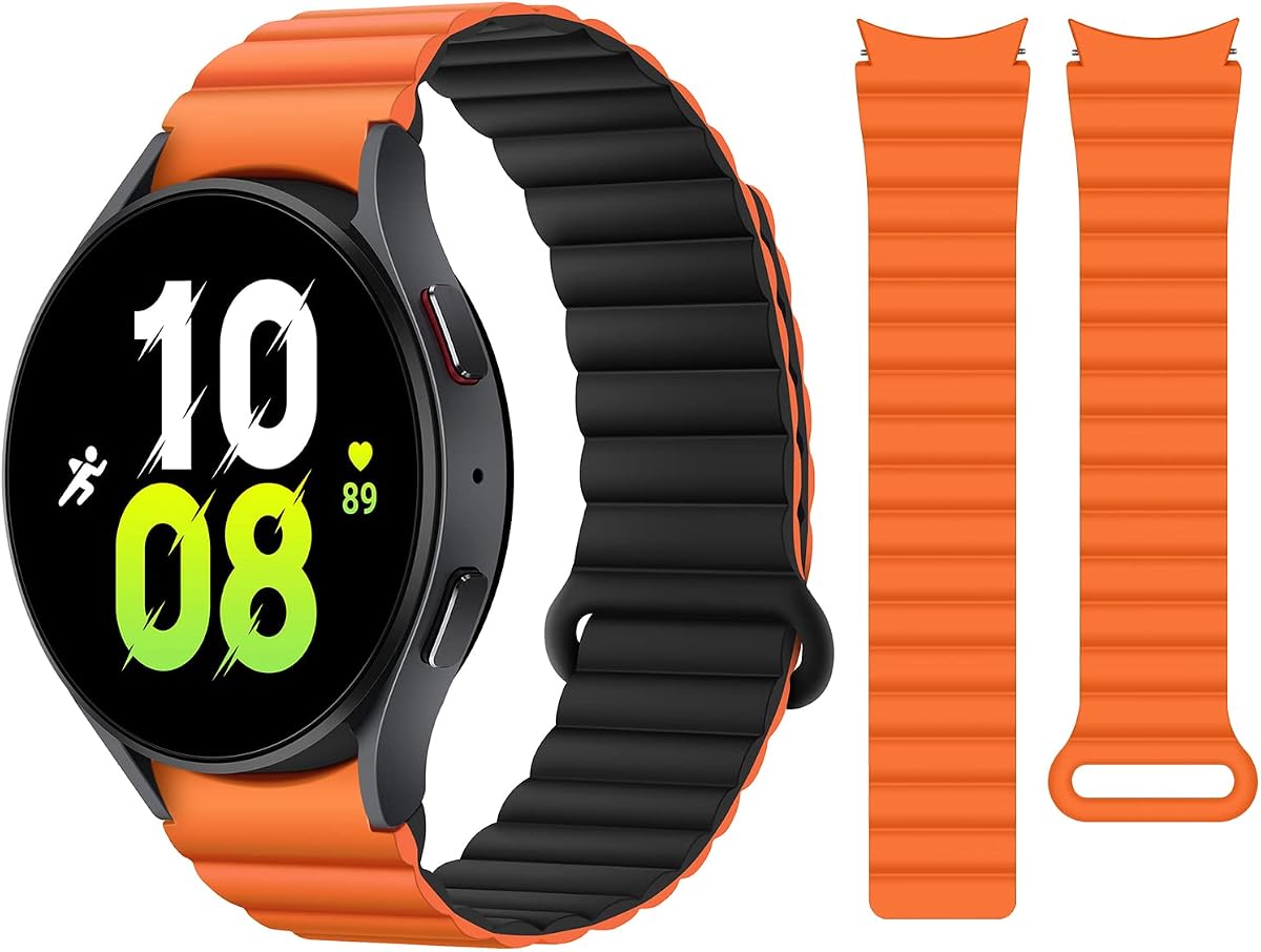 HITZEE Compatible con Samsung Galaxy Watch 7/6/5/4 Band 40mm/44mm/43mm/47mm/45mm/Classic, Correa deportiva magnética de silicona de 20mm para mujeres y hombres, naranja/negro
