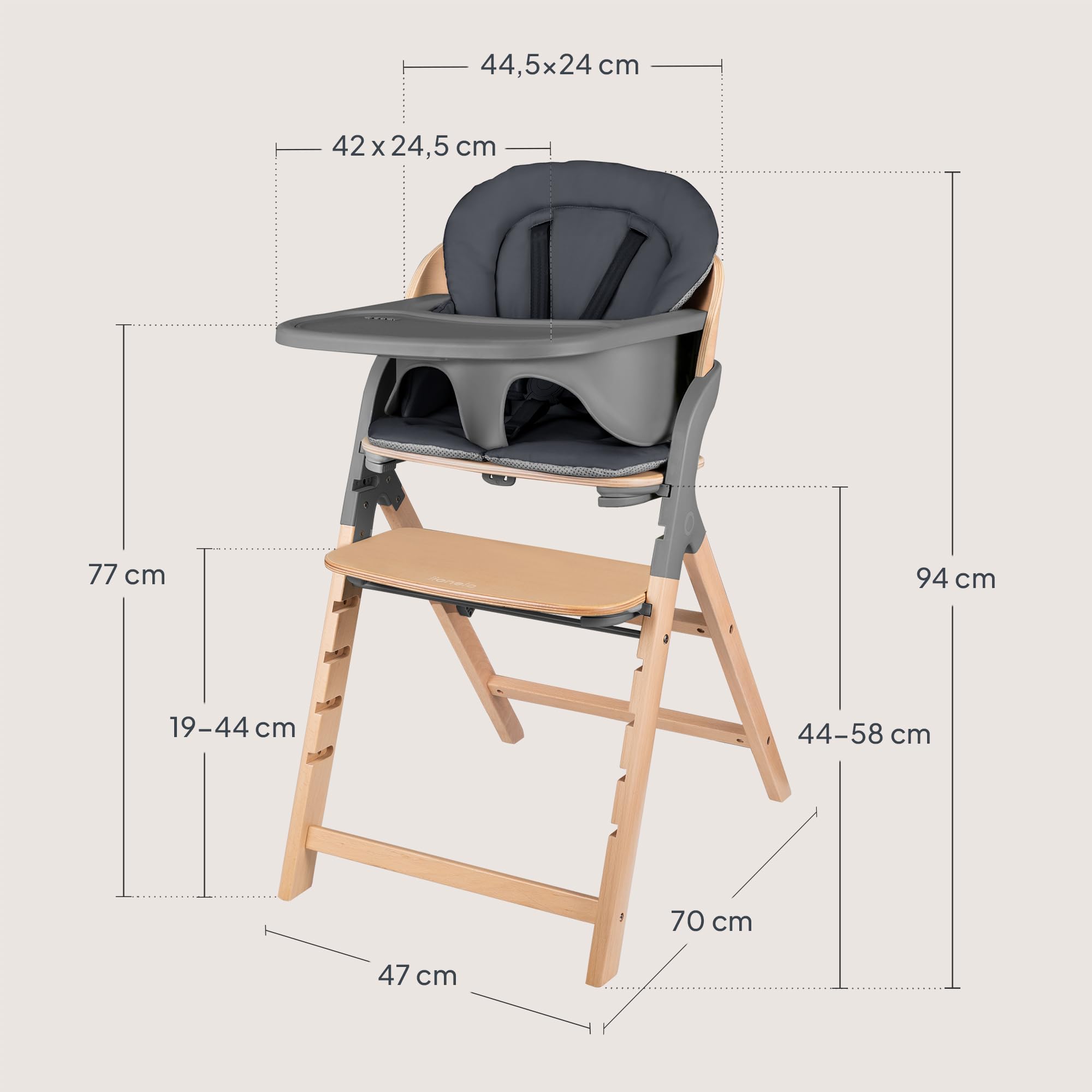 LIONELO Chaise Haute en Bois Megan, Évolutive de 6 mois à 110 kg, Repose-pieds Réglable, Ceintures 5 Points, Coussin d'Assise, Nettoyage Facile (Grey)