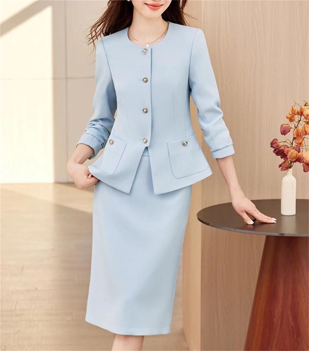 Women's Fashion Formal Skirt Suit Round Neck Long Sleeve Button Down Coat Set Above Knee Office Work Wear Two Piece Outfit