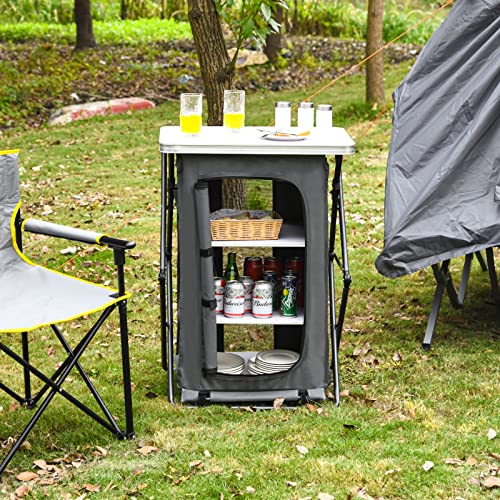 Giantex Folding Camping Storage Cabinet With 3 Shelves And Carry Bag, Portable Outdoor Camping Organizer Kitchen Table, Quick Set-Up For Bbq Camping Picnic Backyard, Compact Pop-Up Cupboard, 35''H #TOP1