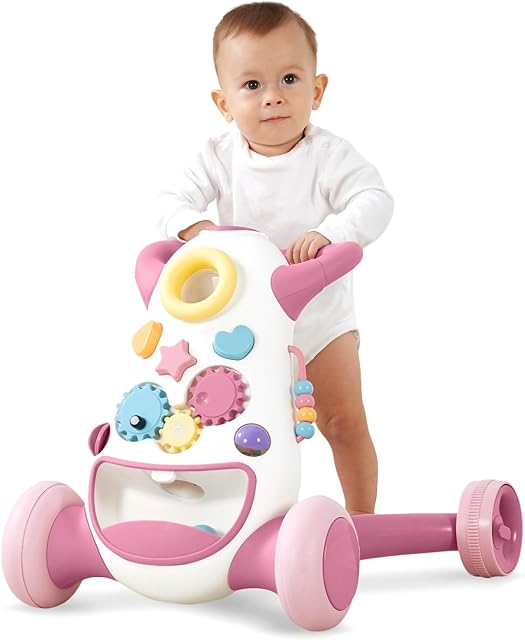 KÜB Baby & Toddler Interactive Push Walker, Educational Music Lights and Activities, Adjustable Speed Wheels, Safe & Stable,Pink,Girls Toy