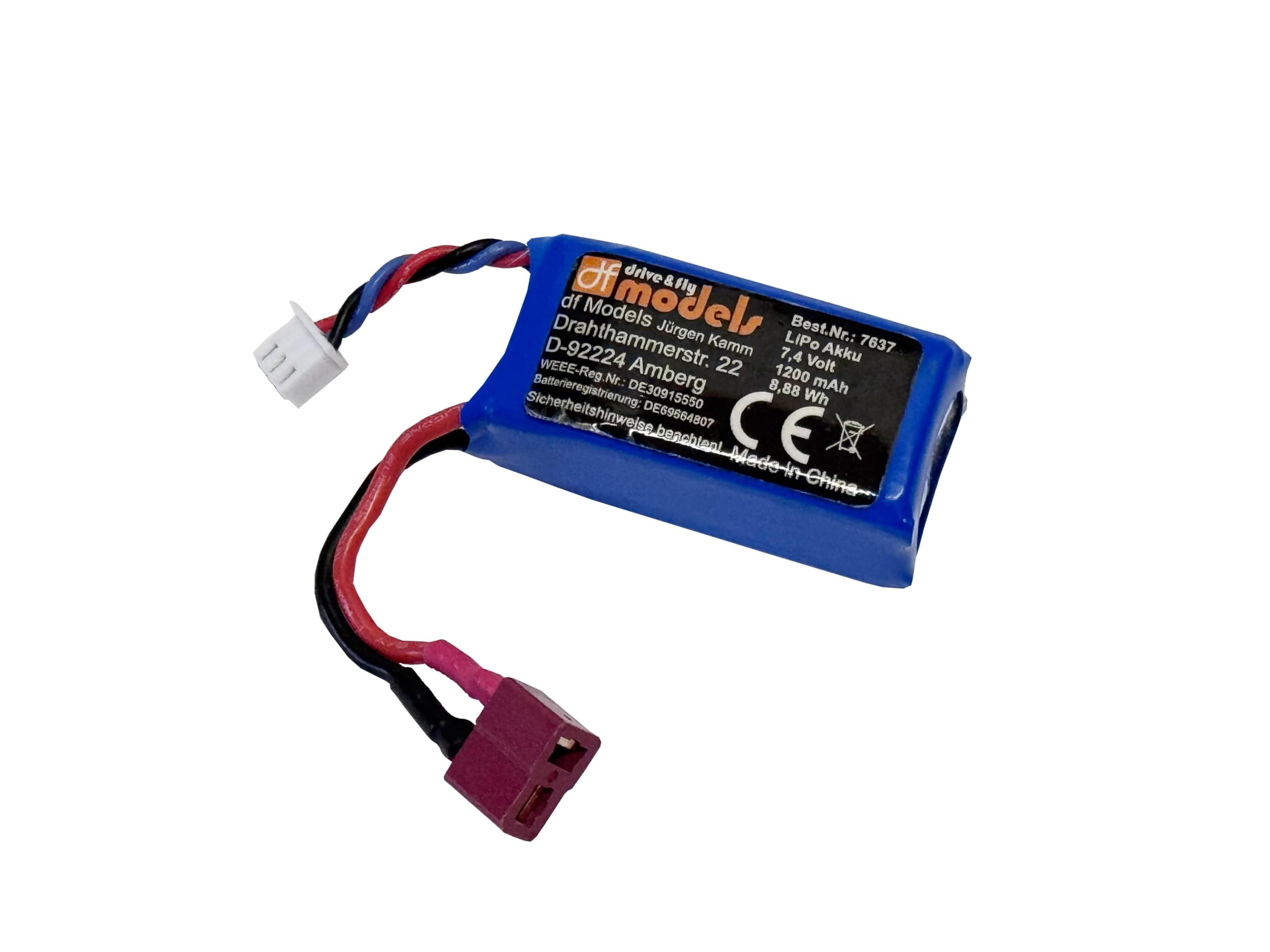 Unbekannt-DF Models 7637-Batteria LiPo 7,4 Volt-1200 mAh 8,88 Wh (Lunghezza x Larghezza x Altezza 55 x 25 x 25 mm, Peso 57 g, Batteria Sostitutiva per Modello n. 3132), Akku 7,4 Volt, 7637