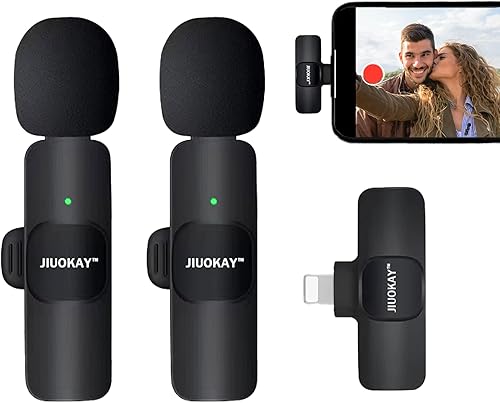 Paquete de 2 micrófonos lavalier inalámbricos para iPhone iPad, teléfonos con pestañas, micrófono de iPhone para grabación de video, entrevista,