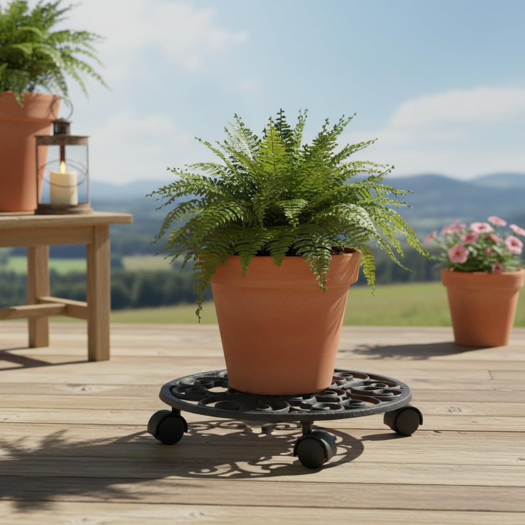 Comfy Hour 12" Cast Iron Plant Caddy with Wheels, Heavy Duty Rolling Flower Pot Stand, Decorative Victorian Style Plant Dolly for Indoor Outdoor Use, Bronze Finish, 1 Unit