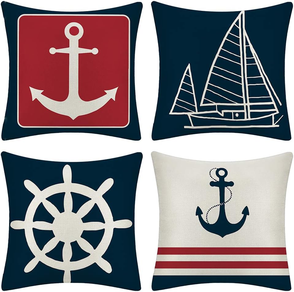 JOTOM Cushion Covers Decorative Throw Pillow Case Sofa Car Sailboat & Ship Rudder Pillowcase for Home Bed Decor 45 x 45cm,Set of 4 (Anchor)