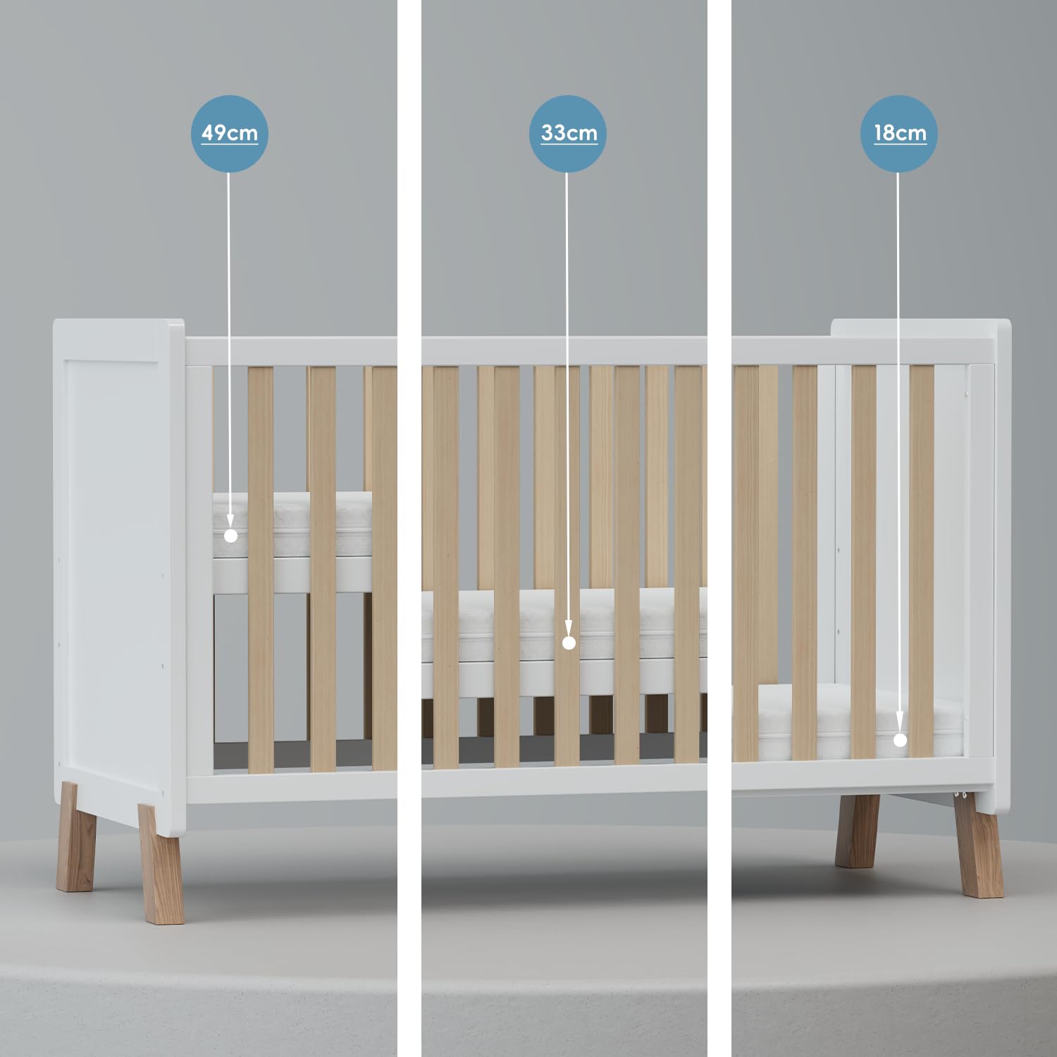 Lit pour bébé en bois 3-en-1, berceau, lit convertible avec barrière de dentition, base ajustable à 3 positions, garde-corps court et matelas inclus, pour bébés de 0 à 5 ans, conforme à la norme EN716
