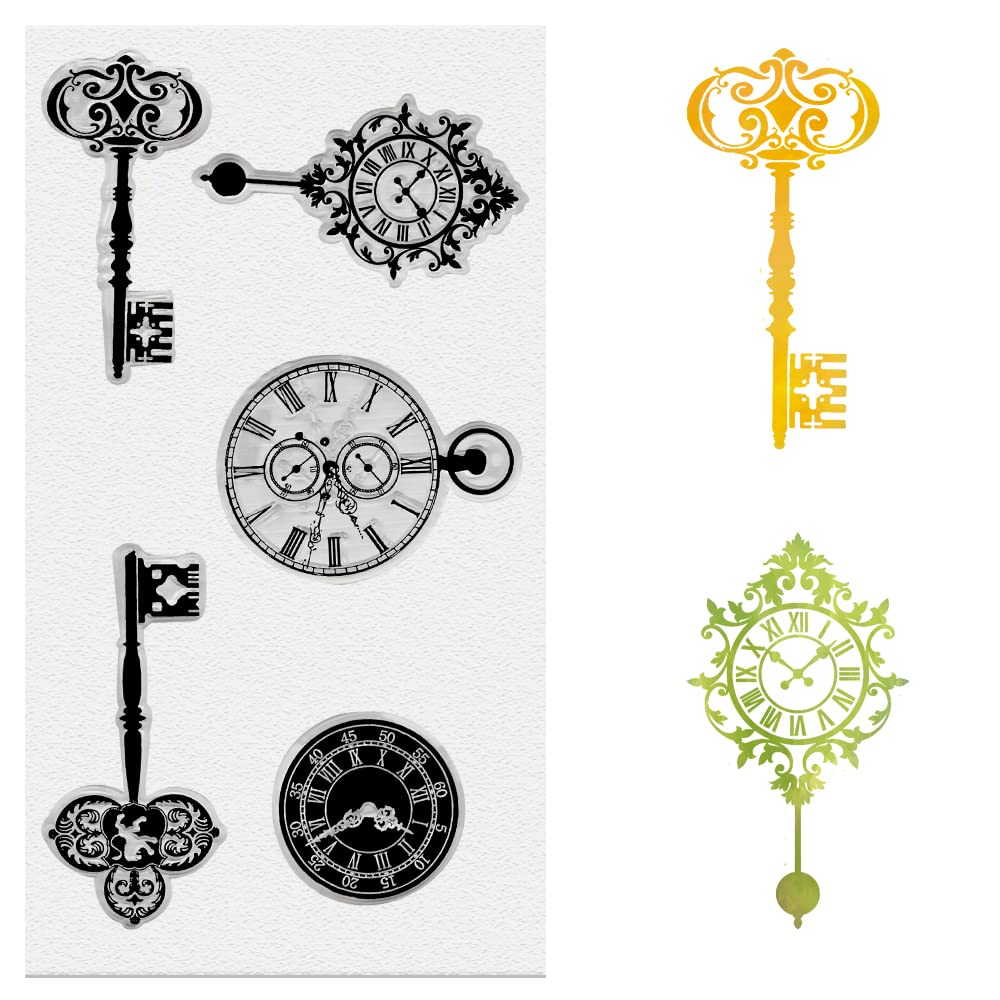 Threetols Clock Clear Stamps for Card Making, Key Clear Rubber Stamps Love Words Gear Stamps for Holiday Card Making Decor DIY Scrapbooking Transparent Album Decor Paper Craft