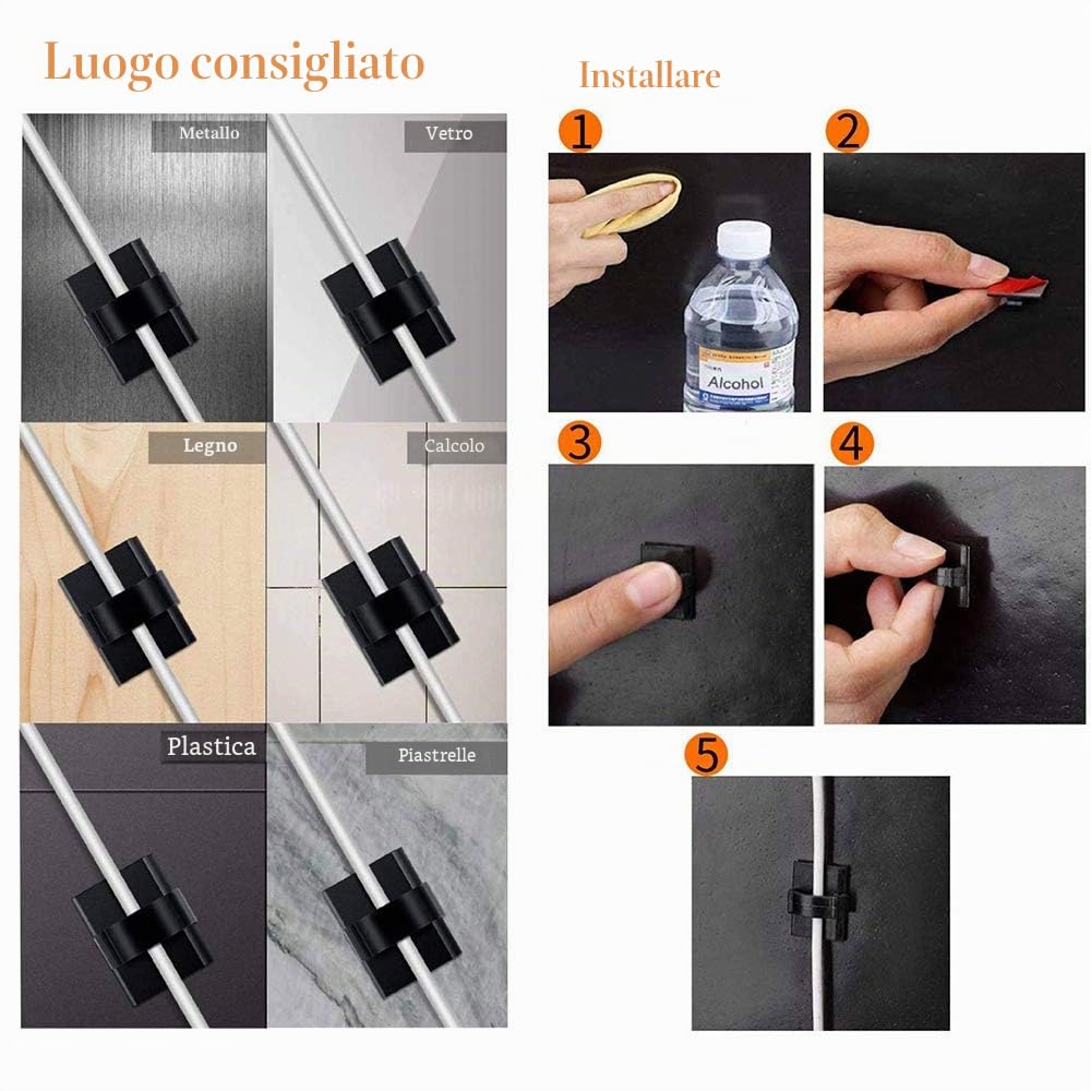 Fermacavi Adesivi 3M 100 Pezzi Clip per Cavi da Esterno Organizzatore Regolabile Nero