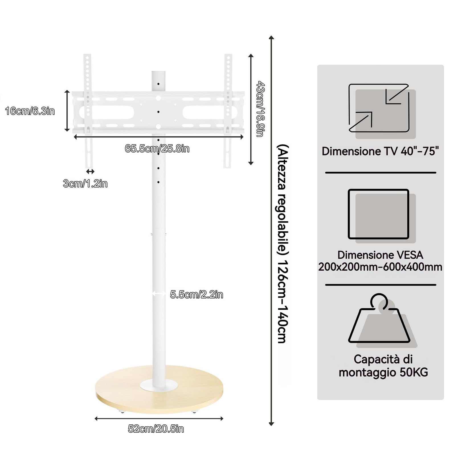 Supporto TV da Pavimento con Ruote Nascoste Legno Base per 40-75 Pollici Peso Max 50kg Max VESA 600x400mm, Regolabile in Altezza, Bianco