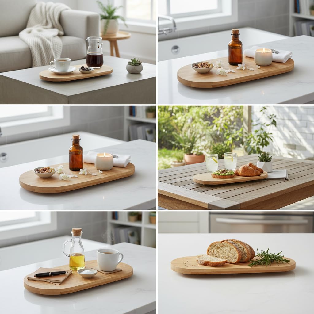 Deconox Ayaklı Bambu Sunum Tabakları, Ayaklı Bambu Sunumluk, Kek, Börek, Çörek ve Çikolata Sunum Tepsisi Yuvarlak Kenarlı Oval Sunumluk (32xm*12cm*1,5cm)