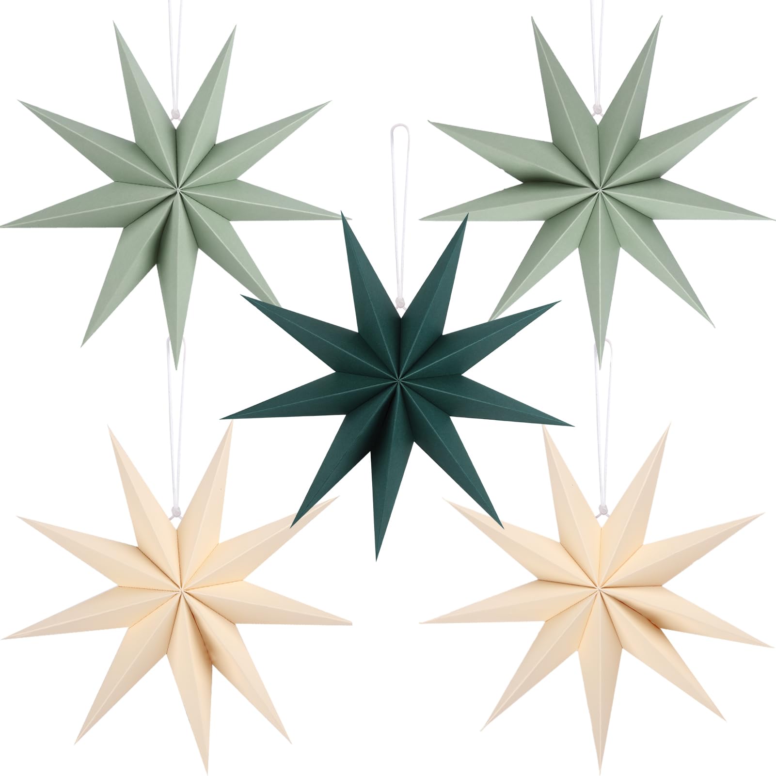 12 Inches 5 PCS Beige Green Sage Green Paper Star Lanterns Christmas Party Decorations Hanging Stars Christmas Party Decorations Wedding Birthday Christmas Home Party Decorations(9 Pointed)