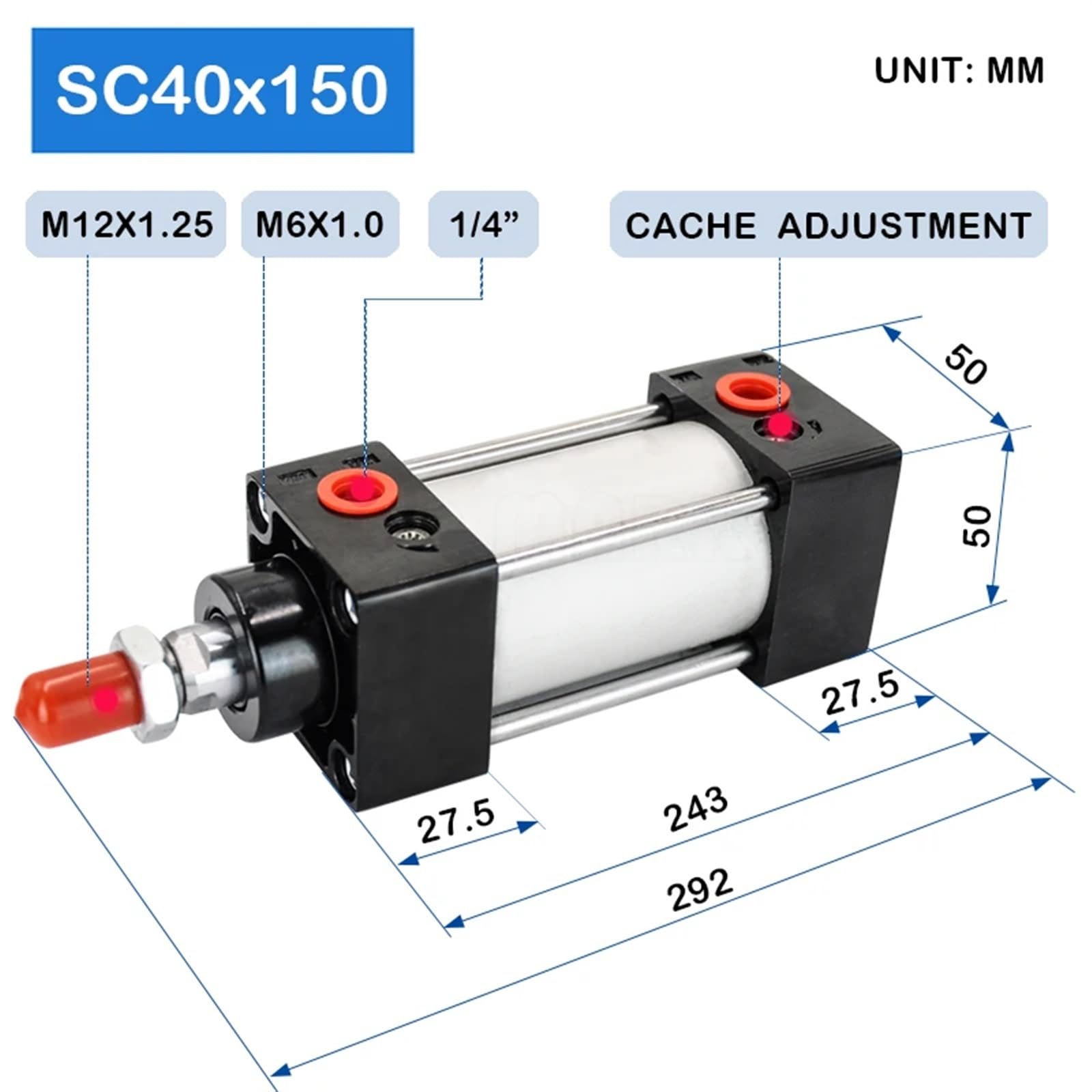 SC40X150 40mm Diámetro 150mm Tipos neumáticos Pistón de presión de Potencia Cilindro de Aire telescópico de Carrera comprimida(F-M12X125 Y,SC40X150-S)