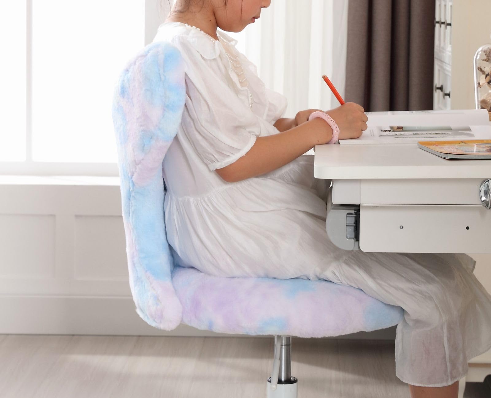 Wahson Chaise de Bureau Enfant en Fausse Fourrure Chaise Pivotante pour Enfant avec Dossier, Chaise Bureau Fille pour Chambre, Bleu