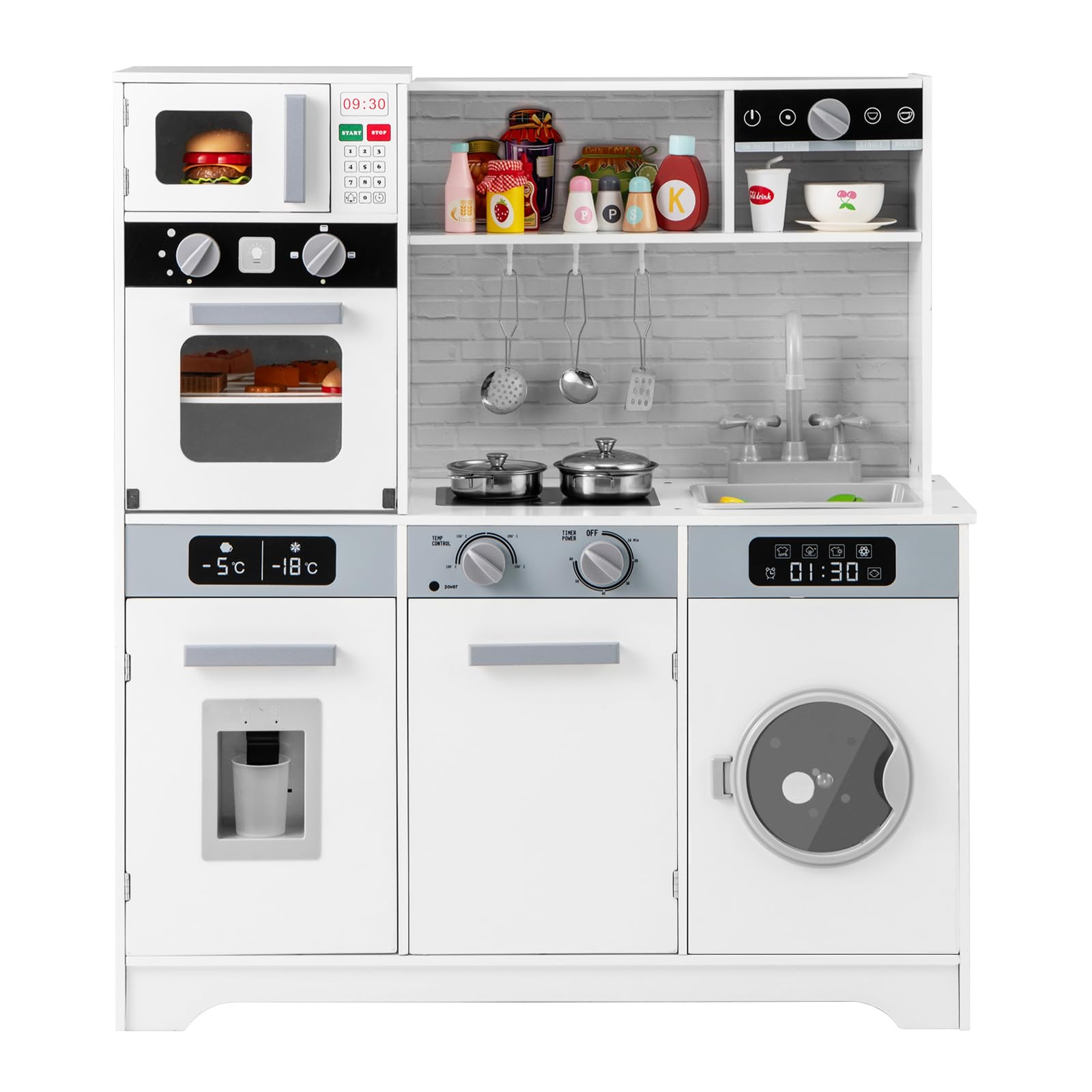 Maxmass Wooden Kids Toy Kitchen, Toddler Play Kitchens with Light, Sound, Microwave, Sink, Washing Machine, Water Dispenser, Coffee Maker, Utensils, Children Pretend Kitchen for 3+ Years Old (White)