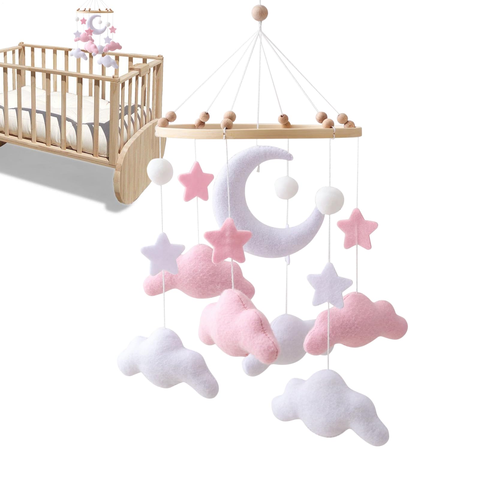 Baby Stroller Toy, Cloud Crib Mobile, Soft Felt Hanging Decoration, Soothing Sensory Design, Lightweight Plush Build, Gray White, Nursery Bedside for Boys Girls Kids