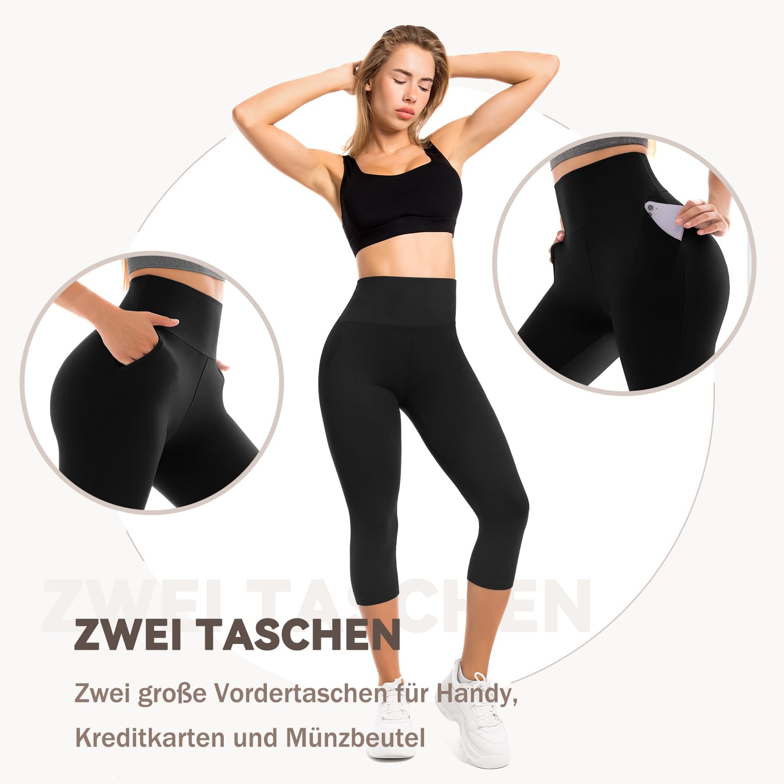 Capri Legging 3/4 pour femme avec poches, taille haute, pour yoga, fitness, cyclisme