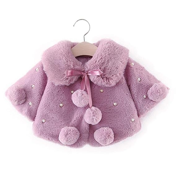 Bold N Elegant Wool Faux Fur Warm Winter Outerwear Baby Jacket Cape Coat Poncho Wrap with Soft Plush Pompom and Pearls for Infant Toddler Baby Girls kids