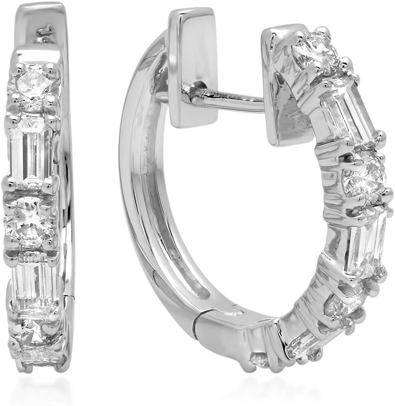 Dazzlingrock Collection 0.45 Carat (ctw) 14K Gold Round & Baguette White Diamond Ladies Huggies Hoop Earrings 1/2 CT