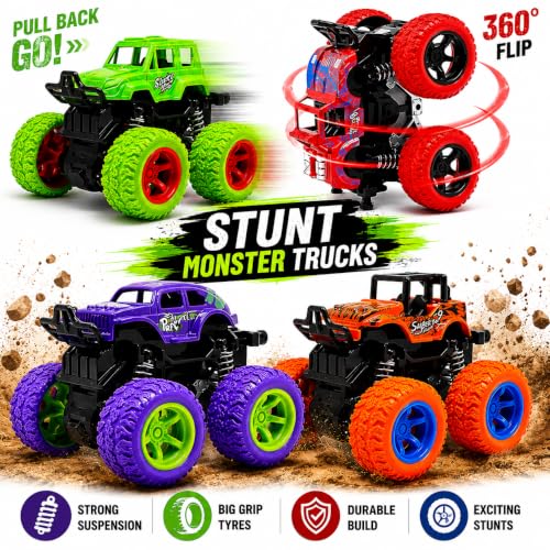 Image of 360 Rotating Stunt Monster Truck Toy for Kids | Friction Powered Off-Road Jeep Car | Flip & Spin Action Vehicle with Shock Absorbers & Anti-Skid Rubber Tires | Pack of 2