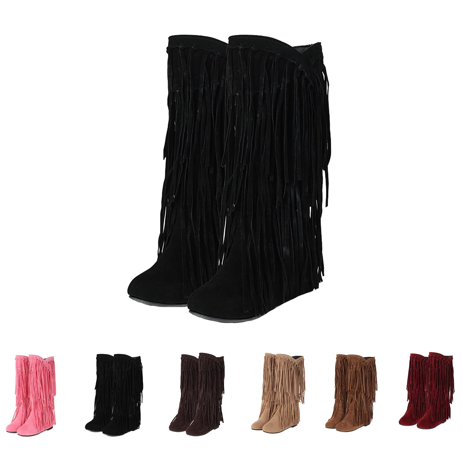 Womens Suede Fringe Western Boots Hidden Heel Knee-high Boots Round Toe Flat Tassel Moccasin Boots
