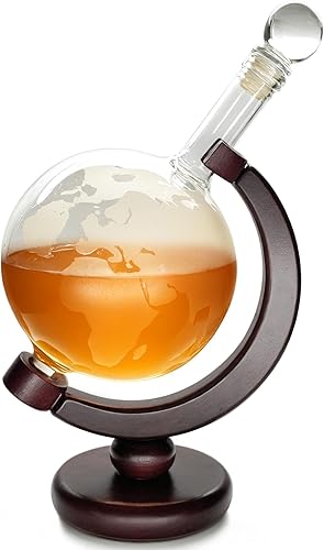 Lily's Home Decantador de whisky World Globe con soporte de madera con acabado oscuro y embudo de barra, deja que tus vintage favoritos respiren con