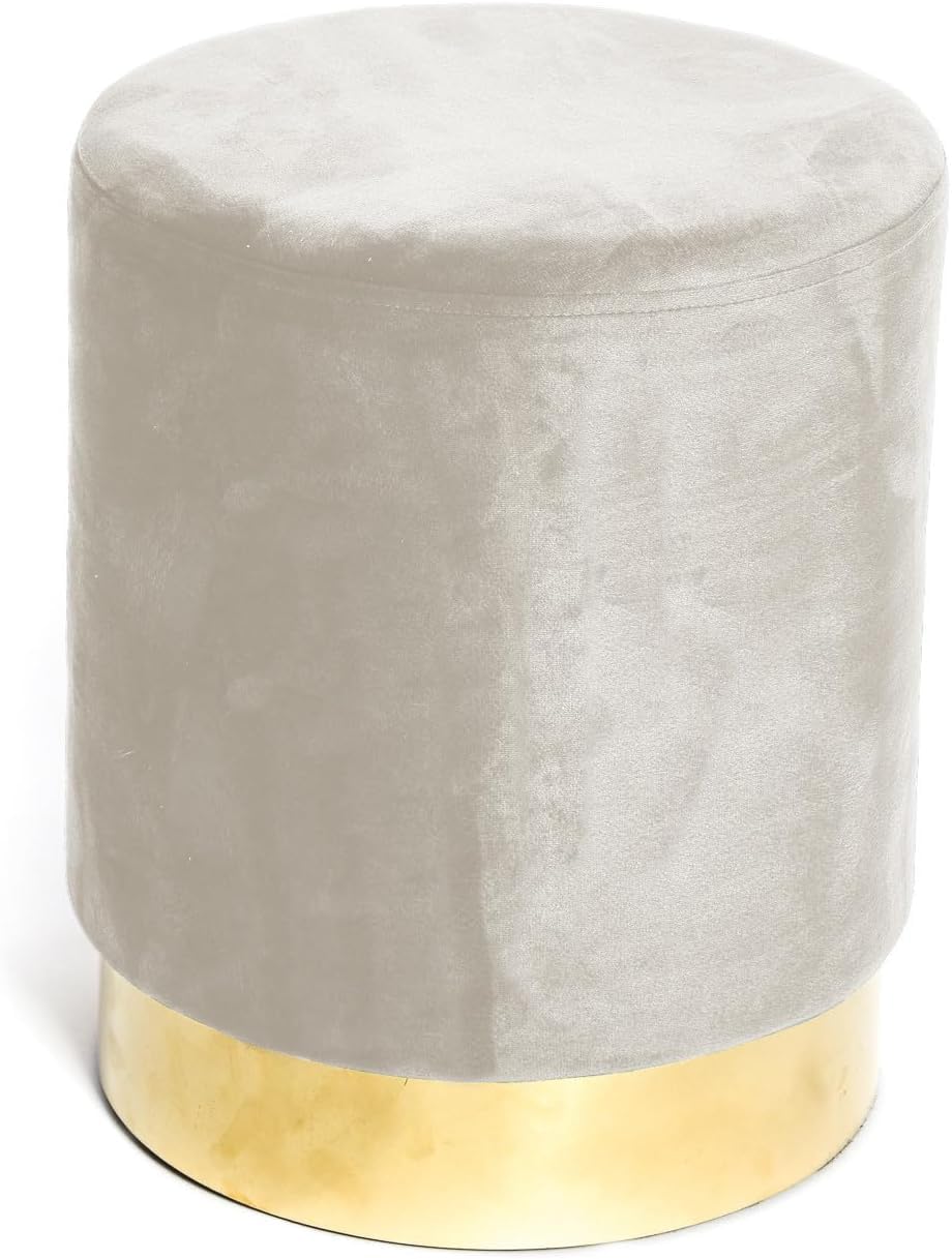 Tata Home Pouf Sgabello Cilindrico Velluto con Anello Dorato per Salotto o Camera Cameretta Pouff Poggiapiedi di Design Moderno (Beige)