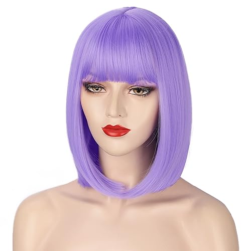 Miniatura 5 de AISI BEAUTY - Peluca violeta con flequillo, peluca con cabello corto y lacio para mujer, peluca sintética de 12 pulgadas para fiesta, cosplay