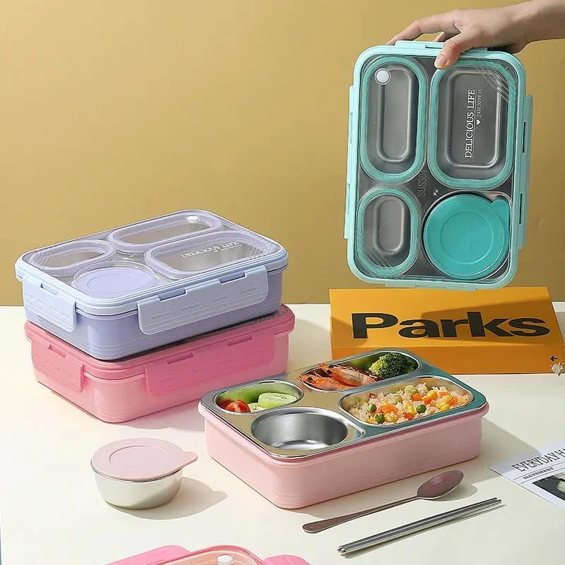 Image of TRENDYWENDY Stainless Steel Bento Lunch Box 950ml | 4 Compartment Leakproof Tiffin Box with Sauce Container & Spoon | Lunch Box for School, Office & Travel (Mint Green)
