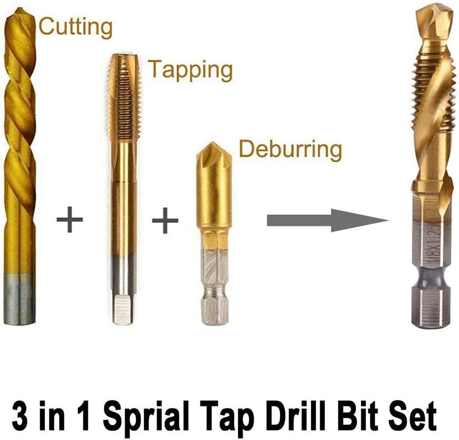 Spiral Tap Drill Bit Set, 6pcs Titanium Coated HSS Fluted Machine Screw Tap Kit, Hex Shank Combination Drill Tap Bit Spiral Screw Tap Set M3-M10 Drill Bit